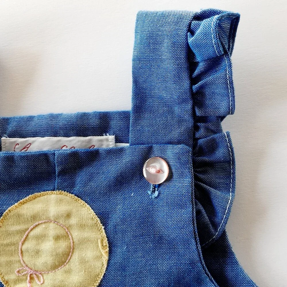 Vintage Girls Romper Overall Chambray Ruffle Maggie Mackall Blue Small 6 Months